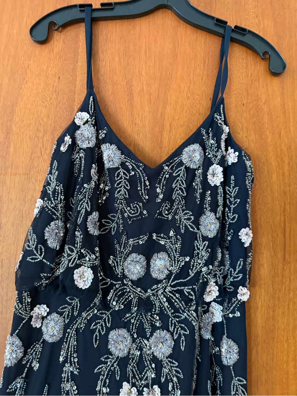 Adrianna Papell Navy Maxi Dress with Silver & Light Pink Floral Embroidery - Picture 3 of 6